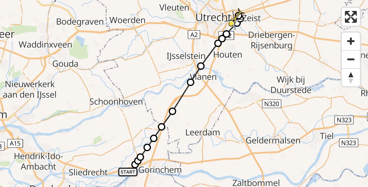 Routekaart van de vlucht: Lifeliner 2 naar Universitair Medisch Centrum Utrecht, Nieuwesteeg