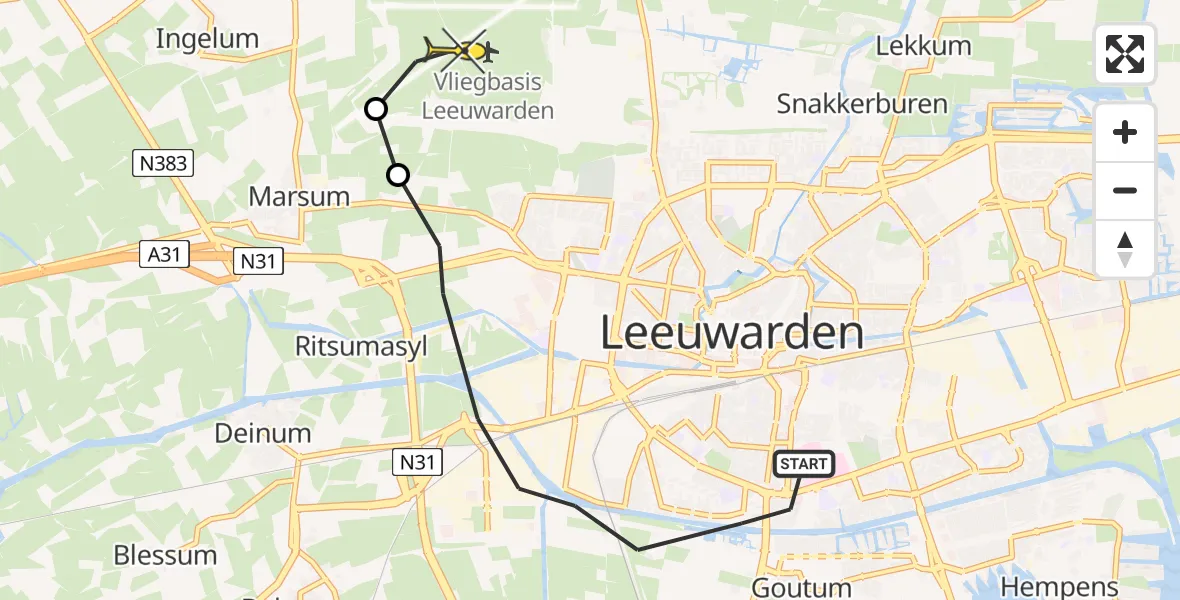 Vluchtroute Ambulancehelikopter van Leeuwarden naar Vliegbasis Leeuwarden