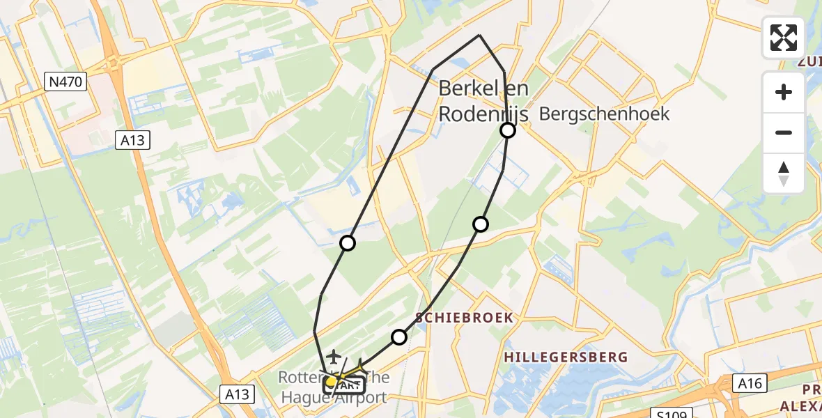 Routekaart van de vlucht: Lifeliner 2 naar Rotterdam The Hague Airport, De Zijde