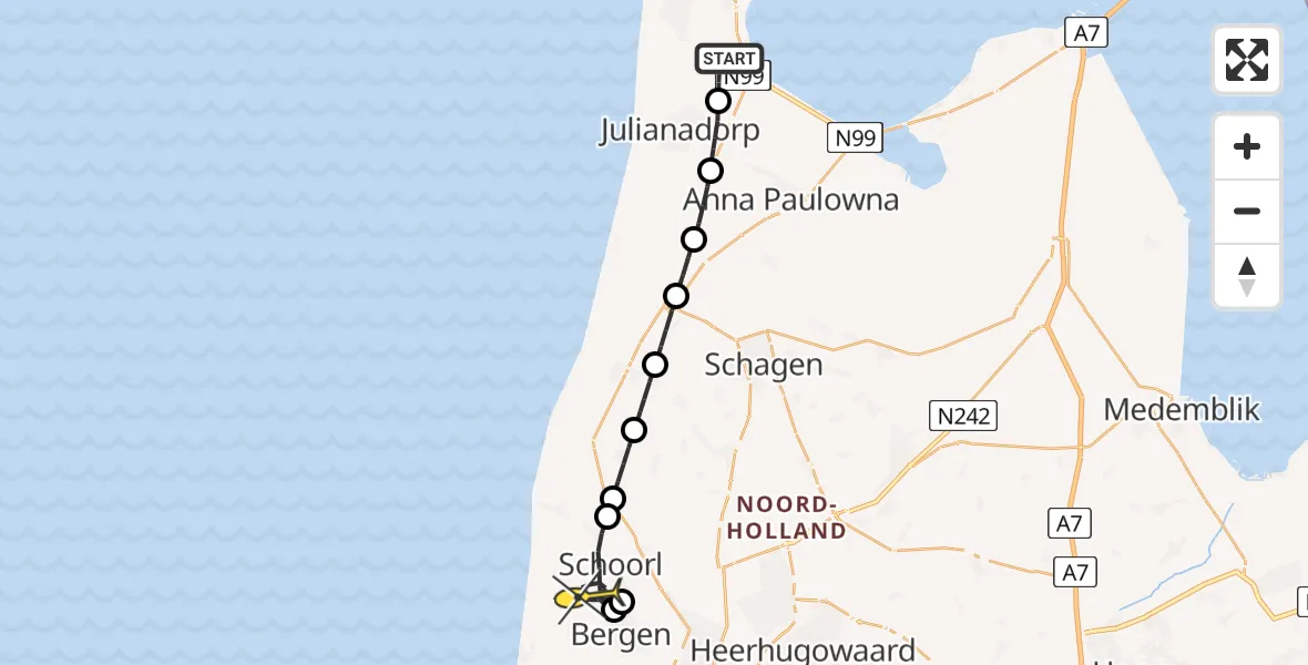 Routekaart van de vlucht: Kustwachthelikopter naar Schoorl, Maria's hoeve