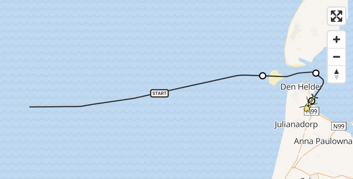 Routekaart van de vlucht: Kustwachthelikopter naar Vliegveld De Kooy, Doggersvaart