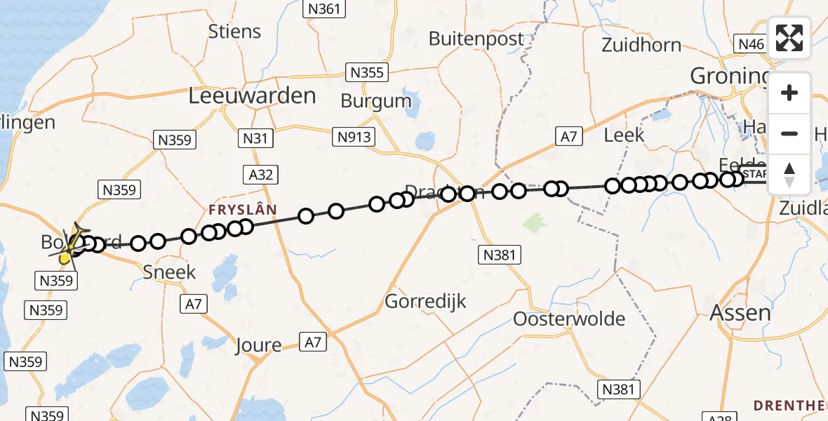 Routekaart van de vlucht: Lifeliner 4 naar Bolsward, Veldkampweg