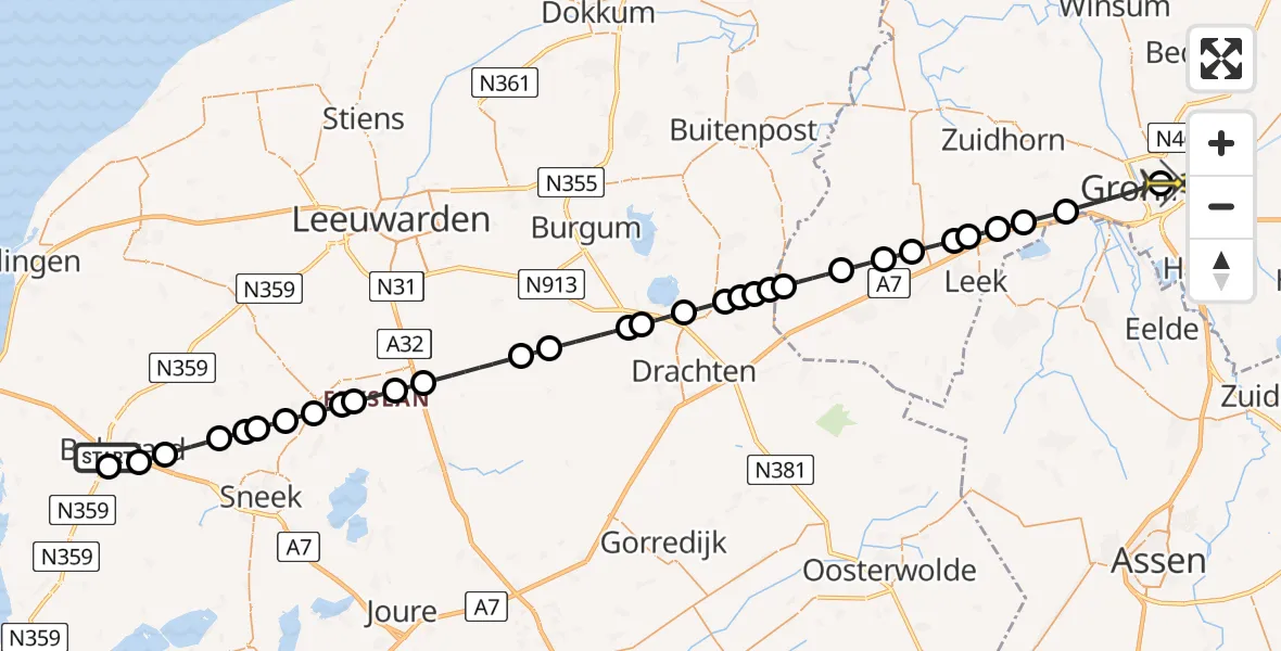 Routekaart van de vlucht: Lifeliner 4 naar Universitair Medisch Centrum Groningen, Bolswarderweg