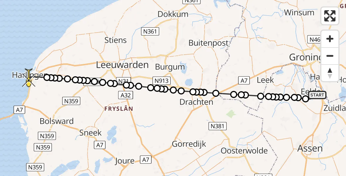 Routekaart van de vlucht: Lifeliner 4 naar Harlingen, Lugtenbergerweg