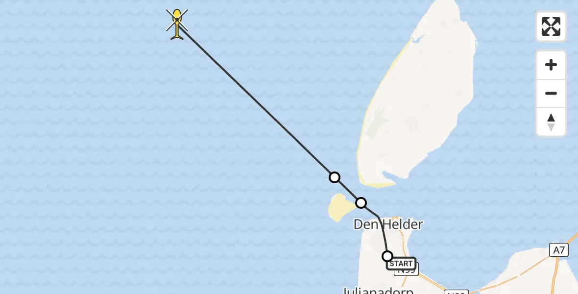 Vluchtroute Kustwachthelikopter van Vliegveld De Kooy naar 