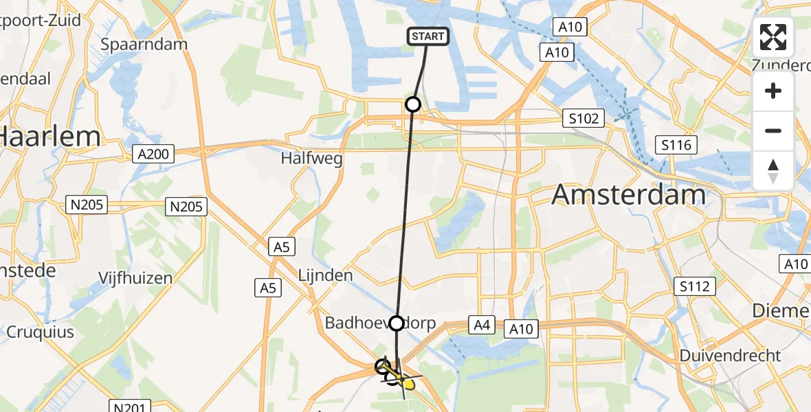 Routekaart van de vlucht: Lifeliner 1 naar Badhoevedorp, Nieuw-Zeelandweg