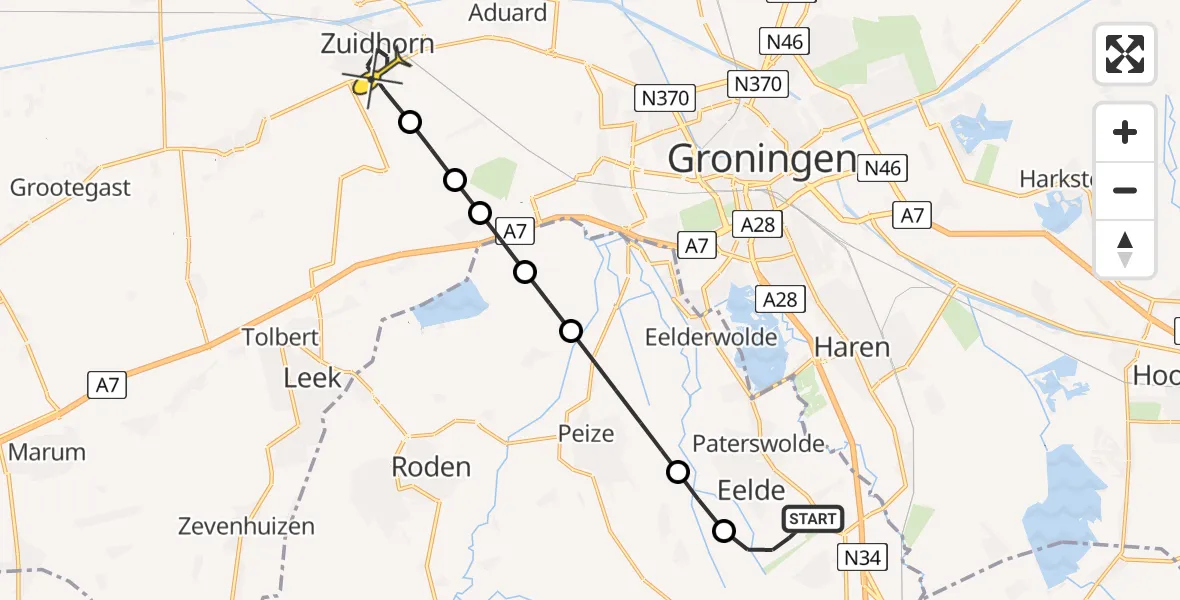 Routekaart van de vlucht: Lifeliner 4 naar Zuidhorn, Lugtenbergerweg