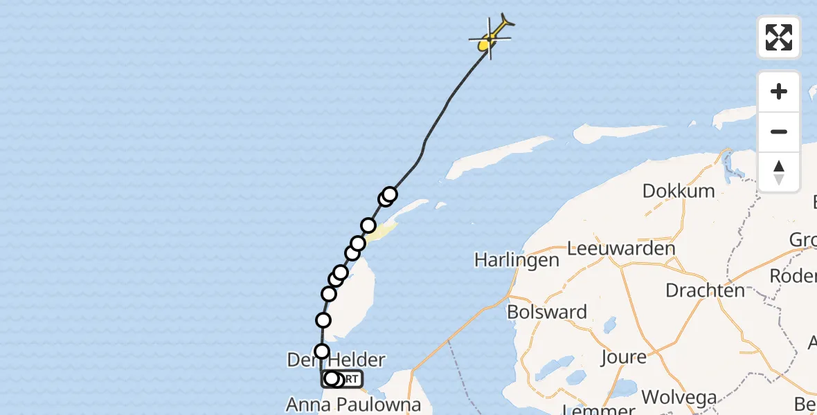 Vluchtroute Kustwachthelikopter van Vliegveld De Kooy naar 