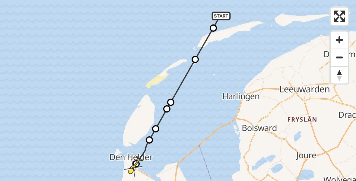 Routekaart van de vlucht: Kustwachthelikopter naar Vliegveld De Kooy, Doggersvaart