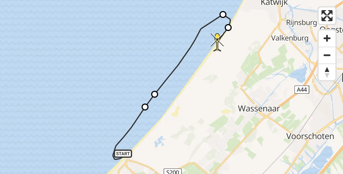 Routekaart van de vlucht: Kustwachthelikopter naar Wassenaar, Strand Noord