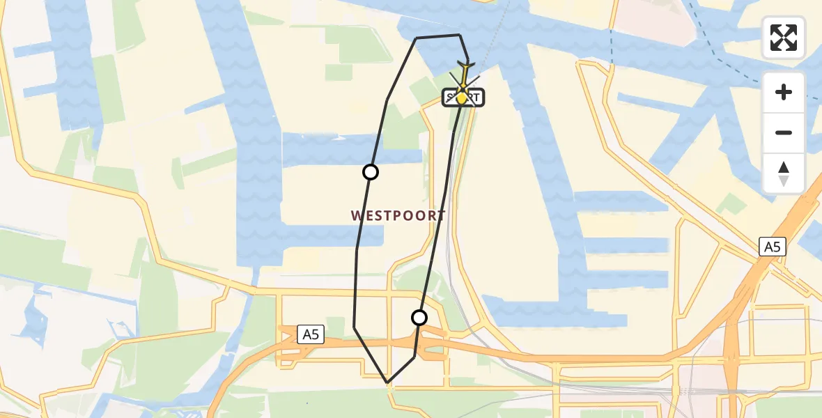 Routekaart van de vlucht: Lifeliner 1 naar Amsterdam Heliport, Vattenfall stadswarmte buffer