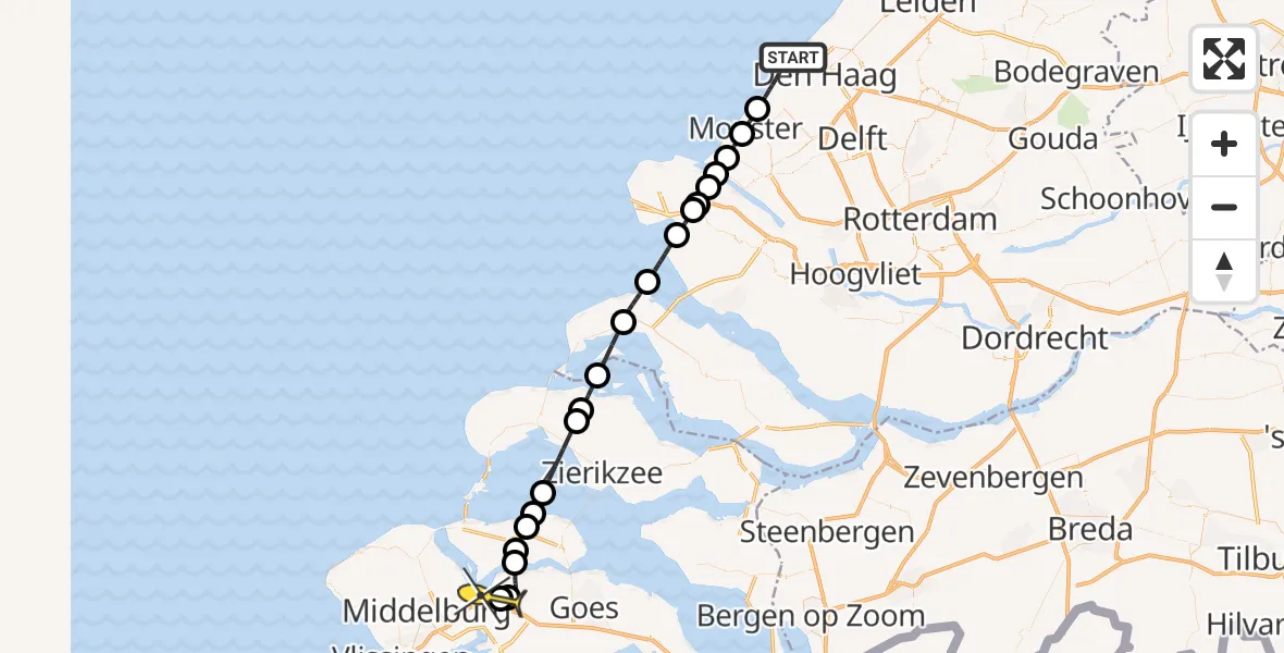 Routekaart van de vlucht: Kustwachthelikopter naar Vliegveld Midden-Zeeland, Zuiderstrand