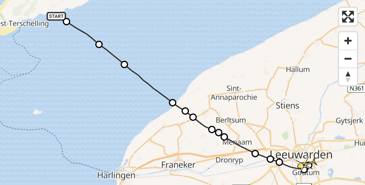 Routekaart van de vlucht: Ambulanceheli naar Leeuwarden, Borniastraat