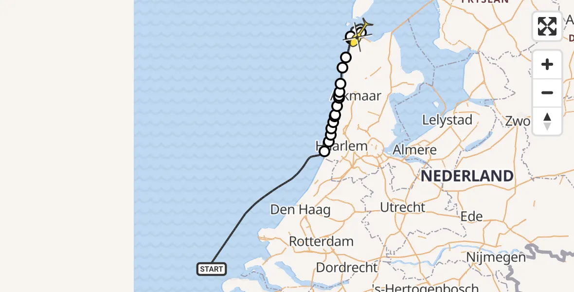 Routekaart van de vlucht: Kustwachthelikopter naar Vliegveld De Kooy, Doggersvaart