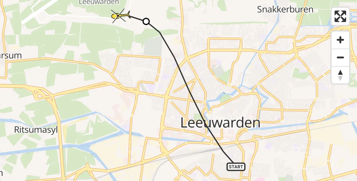 Vluchtroute Ambulancehelikopter van Leeuwarden naar Vliegbasis Leeuwarden