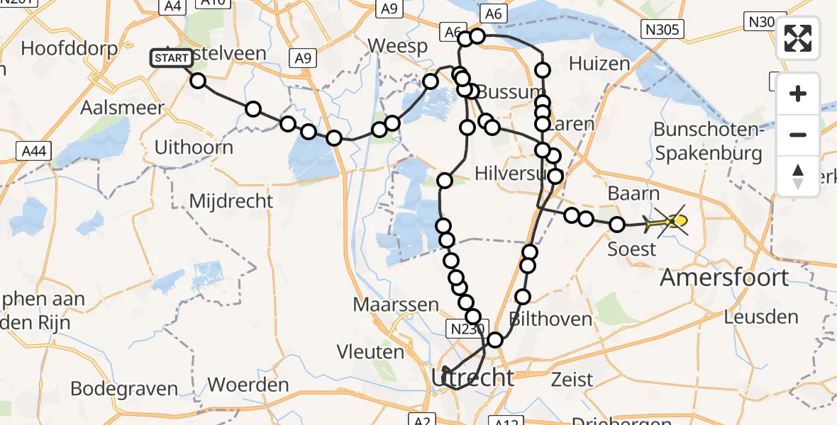 Routekaart van de vlucht: Politieheli naar Hoogland, Rietwijkeroordweg