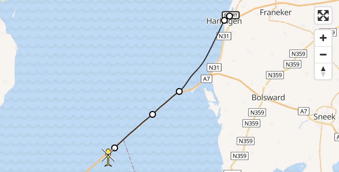 Routekaart van de vlucht: Politieheli naar Den Oever, Noorderhaven