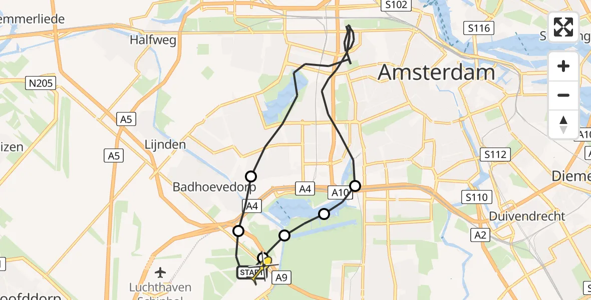 Routekaart van de vlucht: Politieheli naar Schiphol, Loevesteinse Randweg