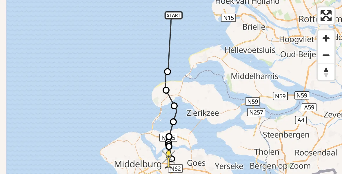 Routekaart van de vlucht: Kustwachthelikopter naar 's-Heer Arendskerke, Meerkoetweg