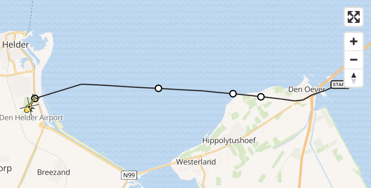 Routekaart van de vlucht: Kustwachthelikopter naar Vliegveld De Kooy, Sluismeester A. de Visserstraat