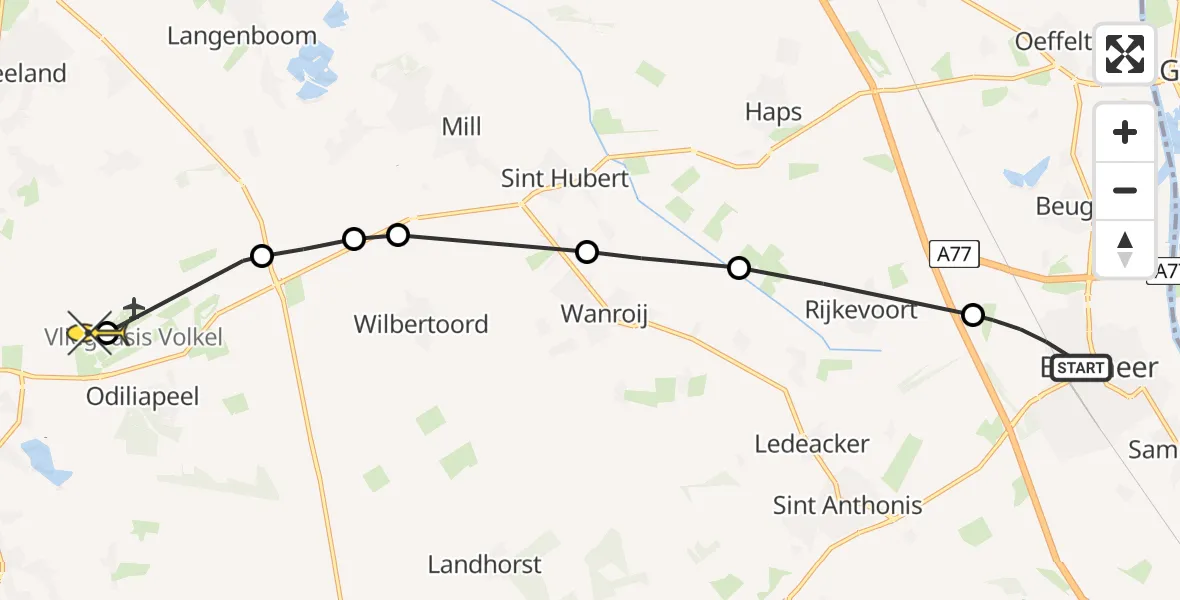 Routekaart van de vlucht: Lifeliner 3 naar Vliegbasis Volkel, Rijkevoortseweg