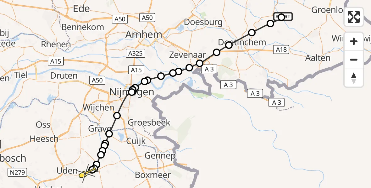 Routekaart van de vlucht: Politieheli naar Vliegbasis Volkel, Hobelmansdijk