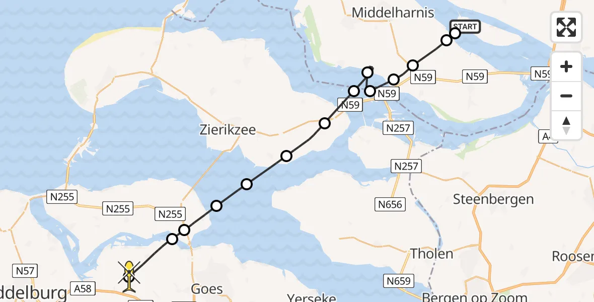 Routekaart van de vlucht: Politieheli naar 's-Heer Arendskerke, Zeedijk