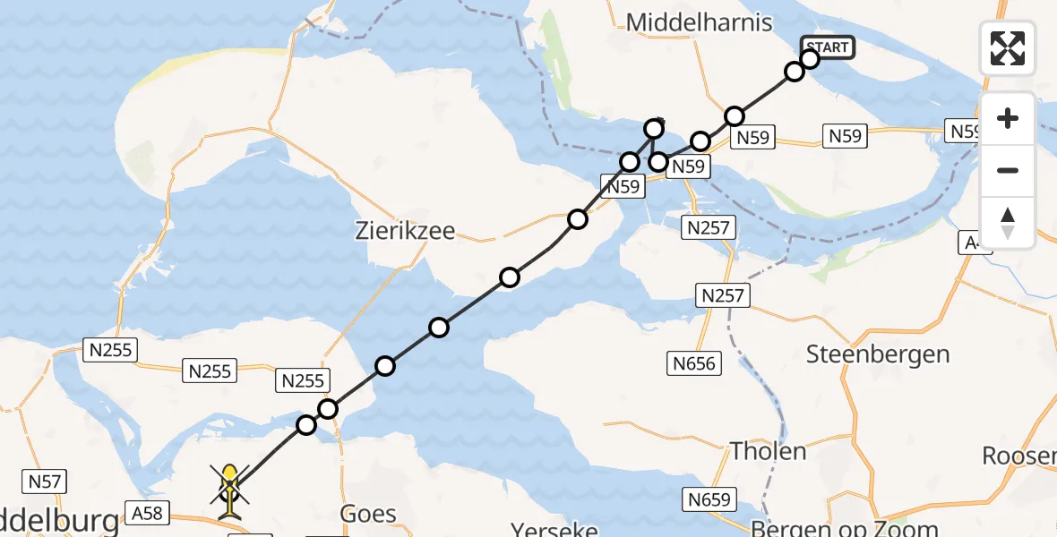 Routekaart van de vlucht: Politiehelikopter naar 's-Heer Arendskerke, Zeedijk