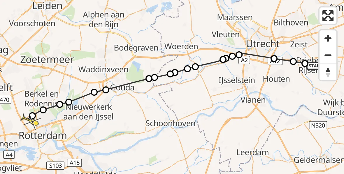 Routekaart van de vlucht: Politieheli naar Rotterdam The Hague Airport, Hoge Woerd