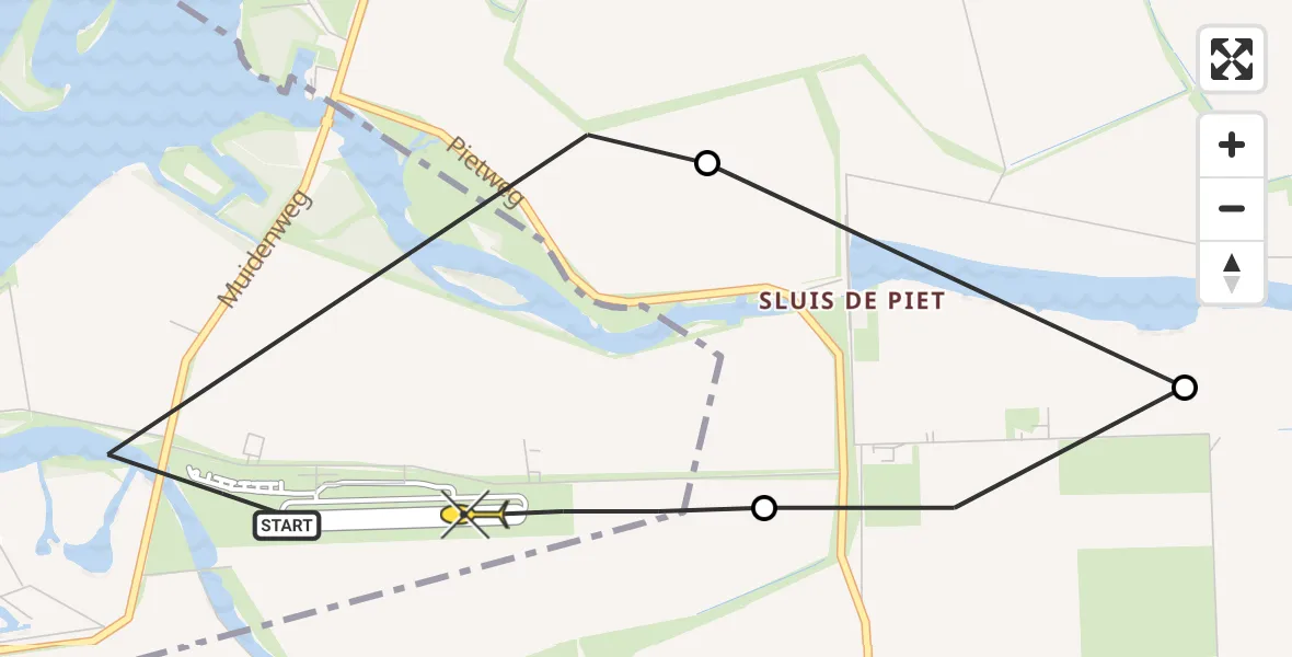 Routekaart van de vlucht: Politieheli naar Vliegveld Midden-Zeeland, Pietweg