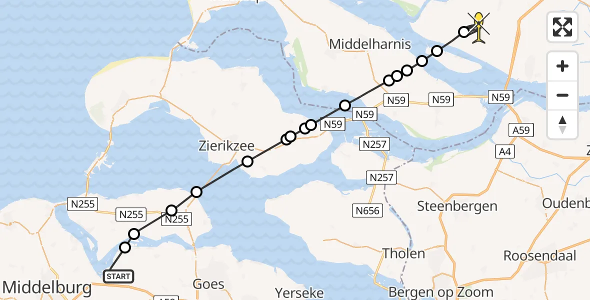 Routekaart van de vlucht: Politieheli naar Zuid-Beijerland, Muidenweg