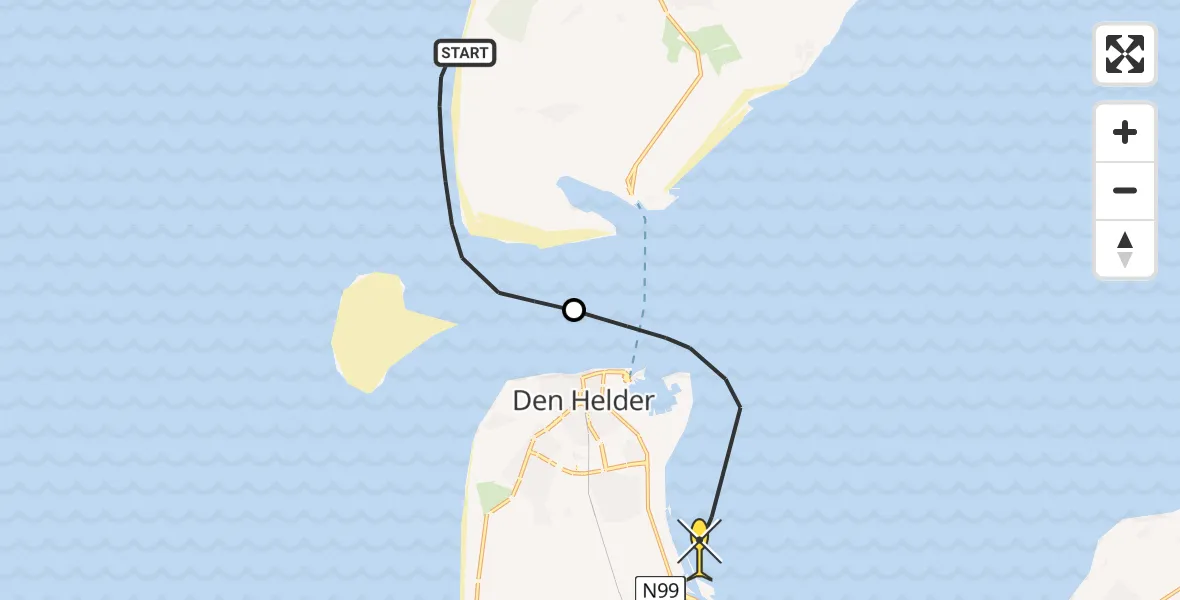 Routekaart van de vlucht: Kustwachthelikopter naar Vliegveld De Kooy, Paal 9