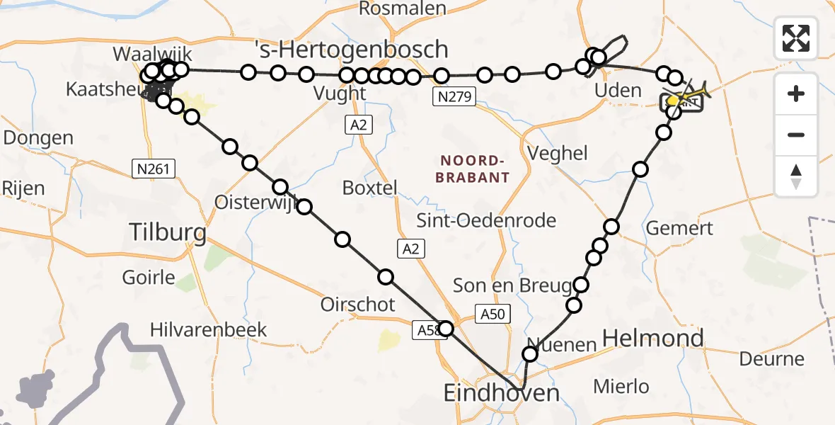 Routekaart van de vlucht: Politieheli naar Vliegbasis Volkel, Rechtestraat