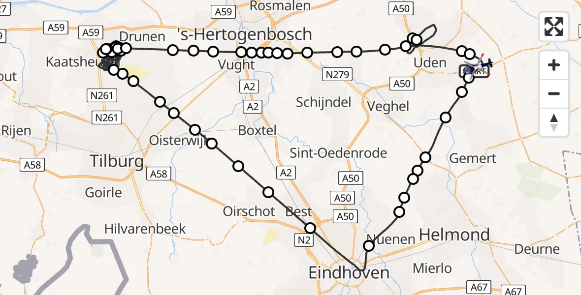 Vluchtroute Politiehelikopter van Vliegbasis Volkel naar Vliegbasis Volkel