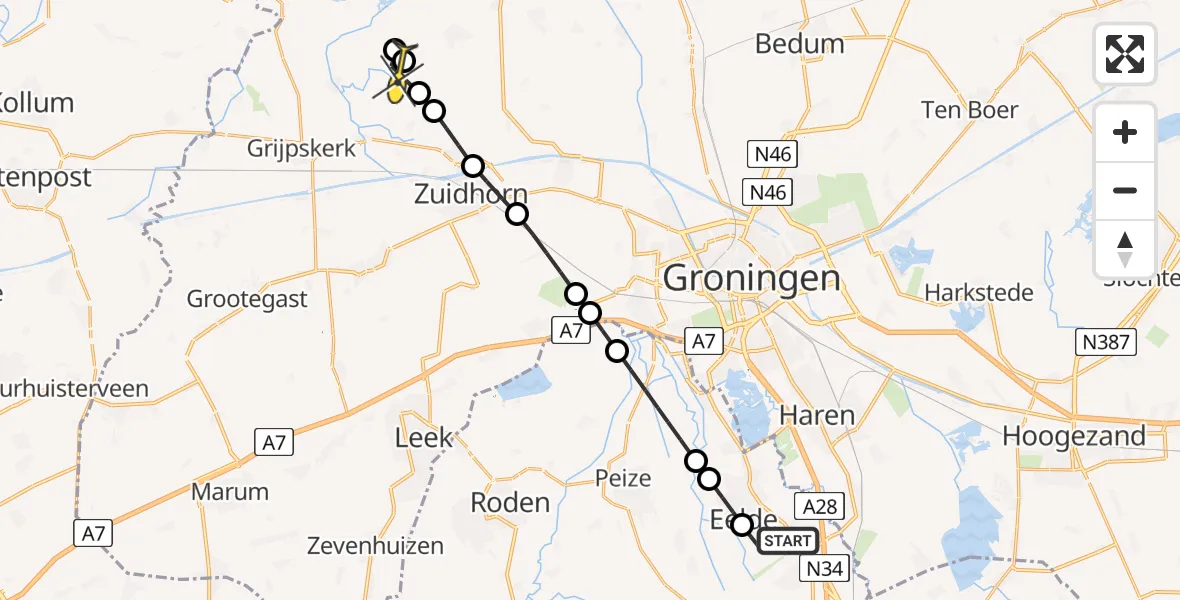 Routekaart van de vlucht: Lifeliner 4 naar Niehove, Veldkampweg