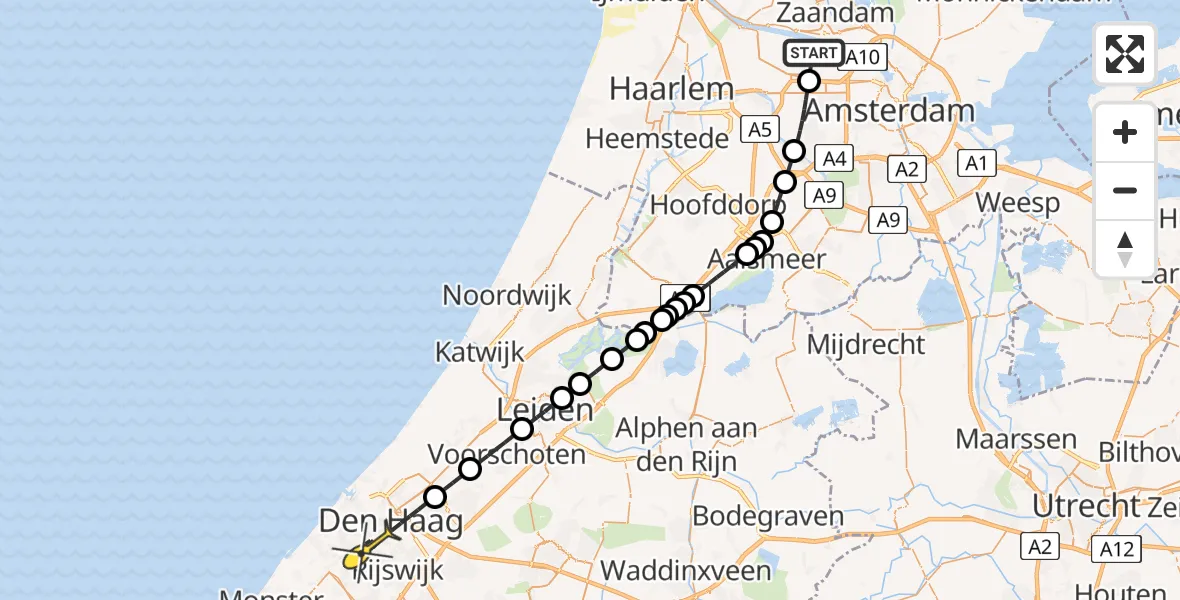 Routekaart van de vlucht: Lifeliner 1 naar Den Haag, Nieuw-Zeelandweg