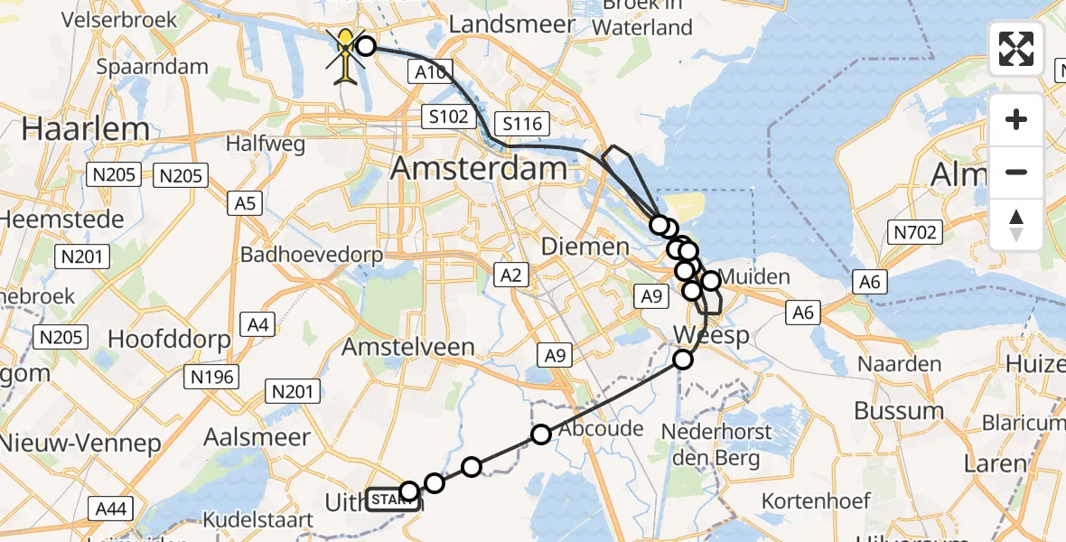 Routekaart van de vlucht: Lifeliner 1 naar Amsterdam Heliport, Amsteldijk Zuid