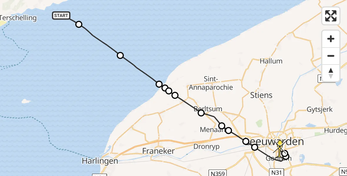 Routekaart van de vlucht: Ambulanceheli naar Leeuwarden, Borniastraat