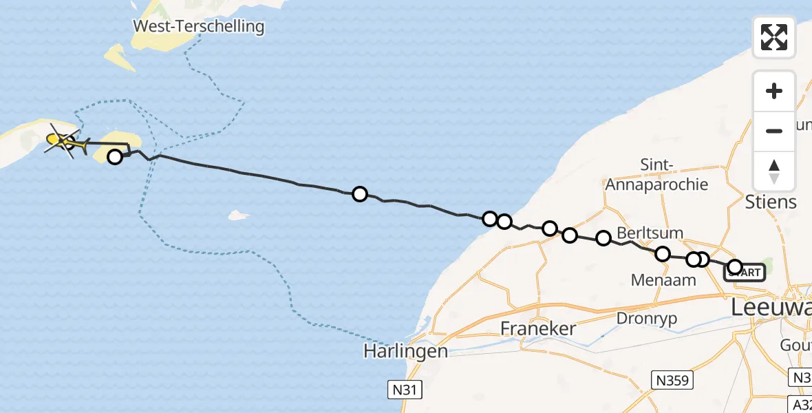 Routekaart van de vlucht: Ambulanceheli naar Vlieland Heliport, Tilledyk