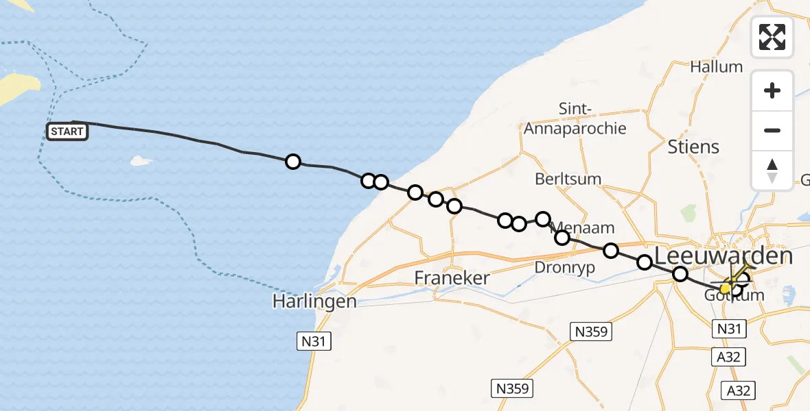 Routekaart van de vlucht: Ambulanceheli naar Leeuwarden, Aldlânsdyk