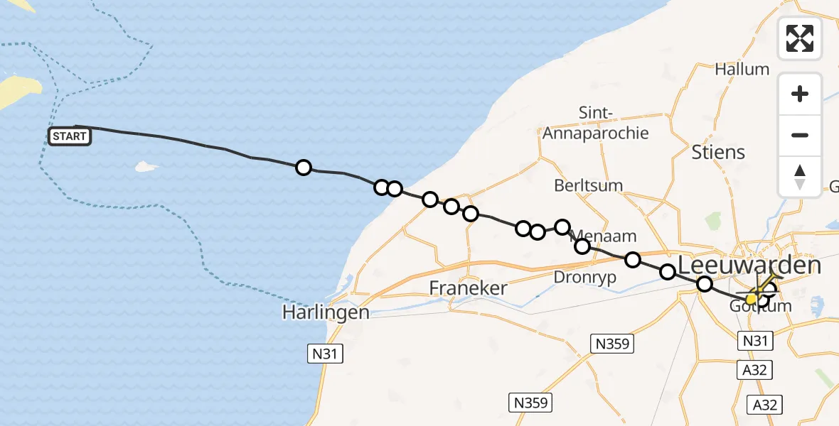 Routekaart van de vlucht: Ambulancehelikopter naar Leeuwarden, Aldlânsdyk