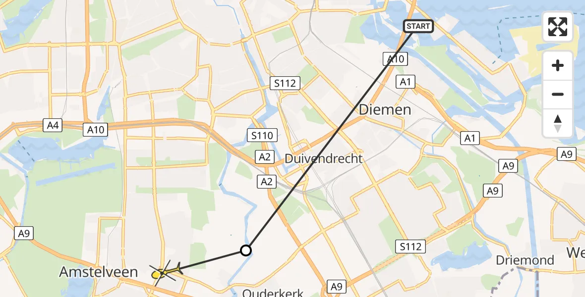 Routekaart van de vlucht: Politieheli naar Amstelveen, Amsteldijk Noord