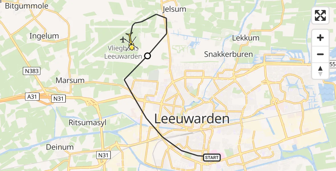 Vluchtroute Ambulancehelikopter van Leeuwarden naar Vliegbasis Leeuwarden