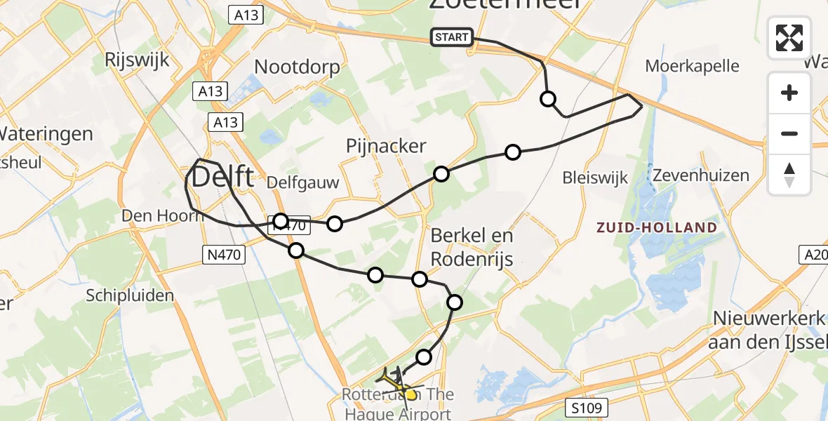 Routekaart van de vlucht: Politiehelikopter naar Rotterdam The Hague Airport, Delftsewallenpad