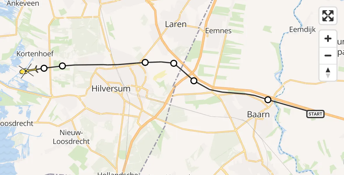 Routekaart van de vlucht: Politiehelikopter naar Kortenhoef, Baarnsche dijk