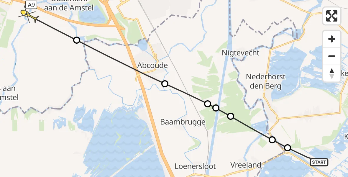 Routekaart van de vlucht: Politieheli naar Ouderkerk aan de Amstel, Gabriëlweg