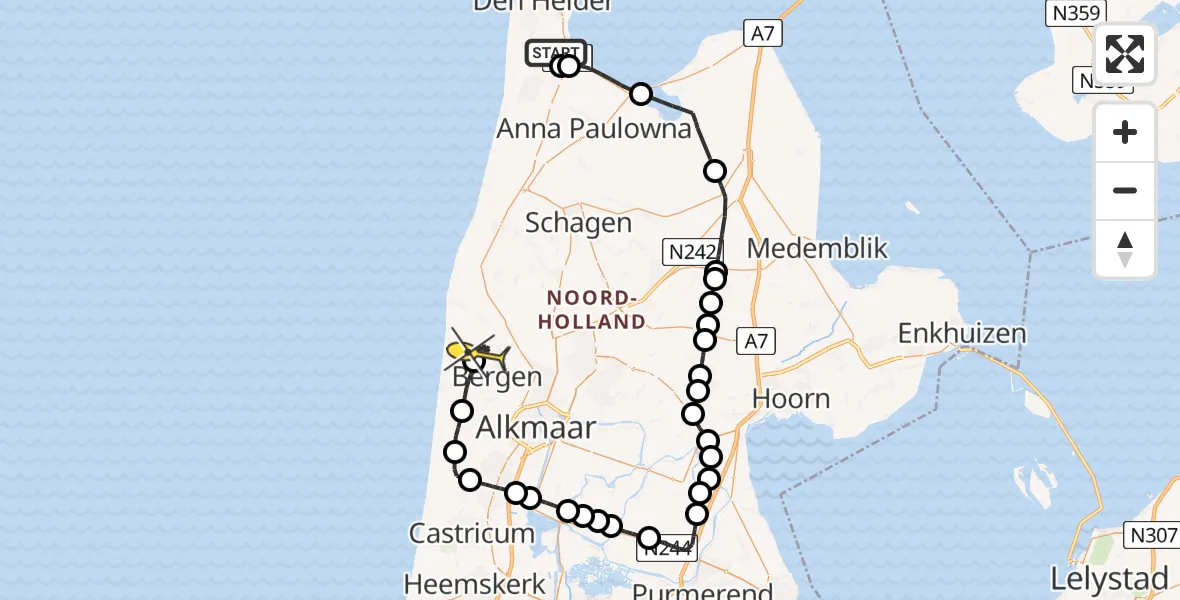 Routekaart van de vlucht: Kustwachthelikopter naar Schoorl, Mastenmakersweg