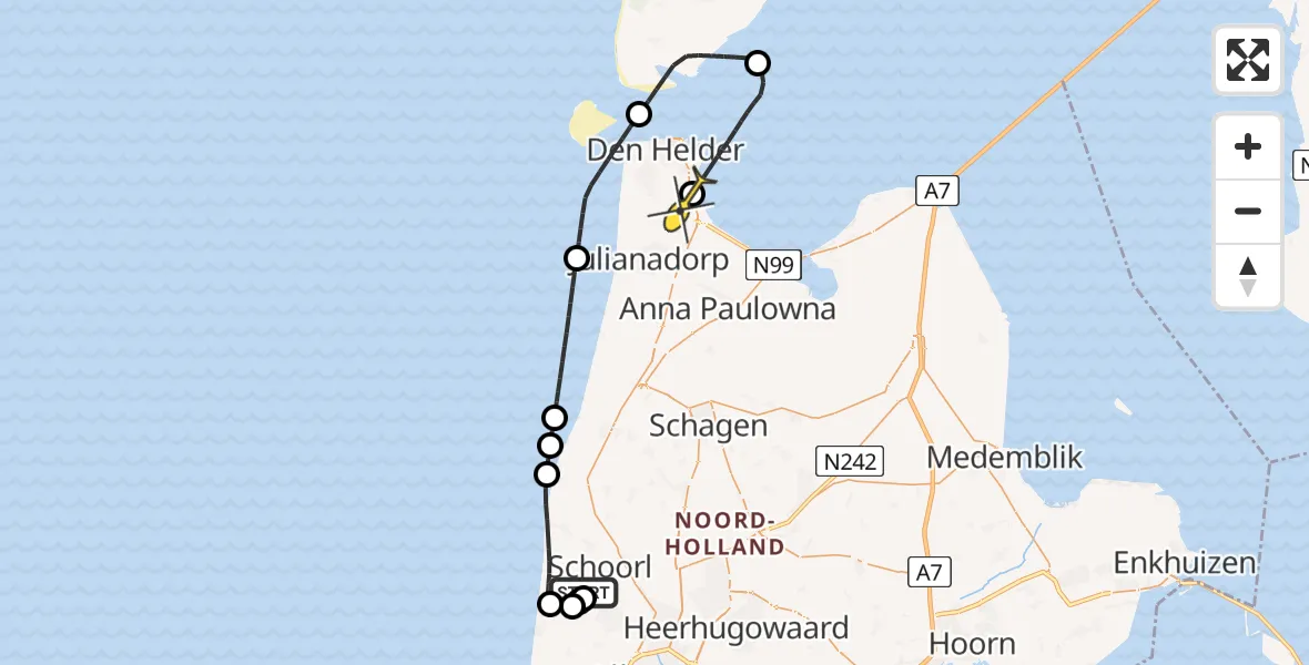 Routekaart van de vlucht: Kustwachthelikopter naar Vliegveld De Kooy, Grensweg