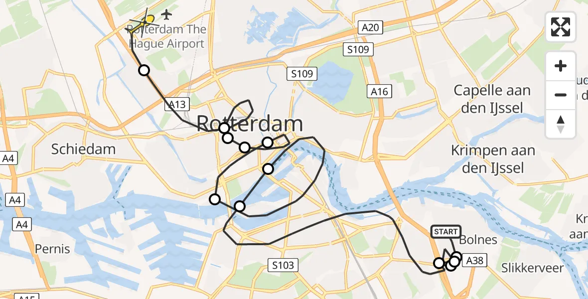 Routekaart van de vlucht: Politiehelikopter naar Rotterdam The Hague Airport, NAM-locatie Ridderkerk-4