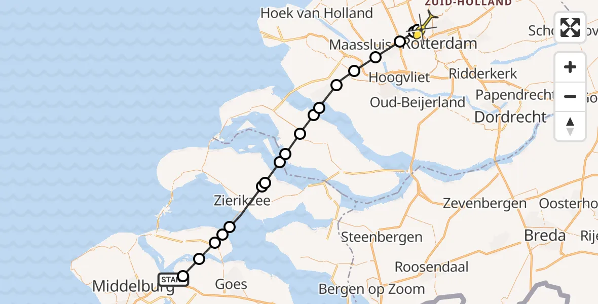 Routekaart van de vlucht: Kustwachthelikopter naar Rotterdam The Hague Airport, Calandweg